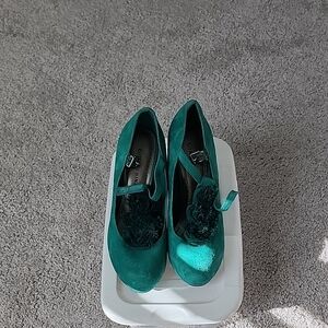 Gianni Bini Teal Suede Heels with Floral Accents